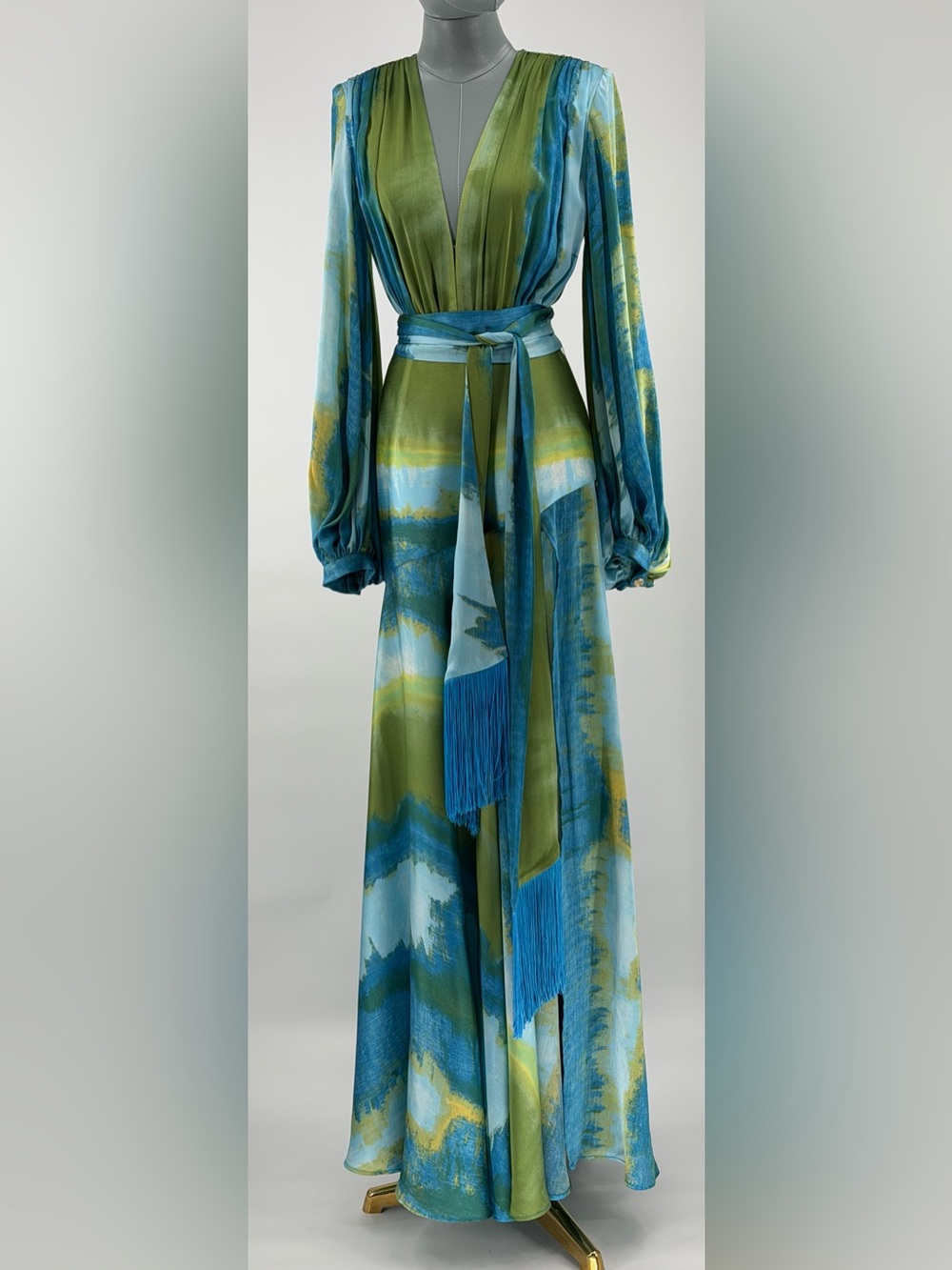 🆕 BRONX & BANCO 🧿 NWOT Coastal Carmen Belted Fringe Gown, Blue - Sz XS US 2 - Picture 3 of 16